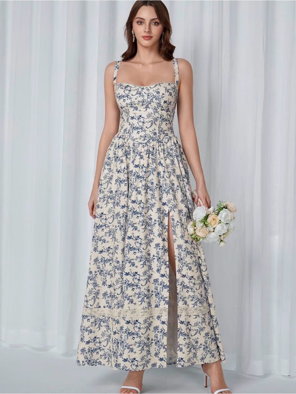 Sweetheart Floral Maxi Dress with High Side Slit - Ivory & Blue